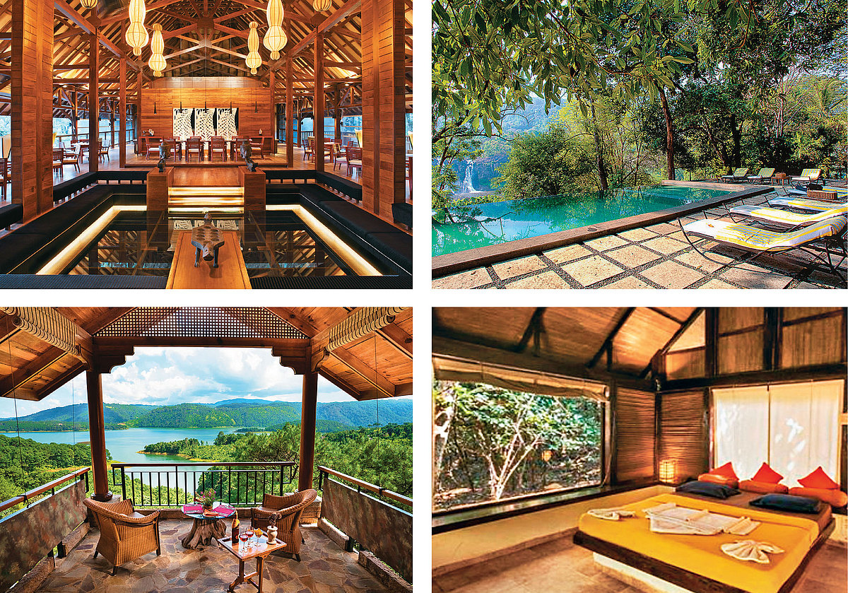 Clockwise from top left: The dance floor at Tamara, Coorg; the pool amidst lush foilage at Rainforest Resort; the cosy forest view room 
at Wildernest Nature Resort, Goa; a scenic view of the Umiam Lake from Ri Kynjai, Shillong