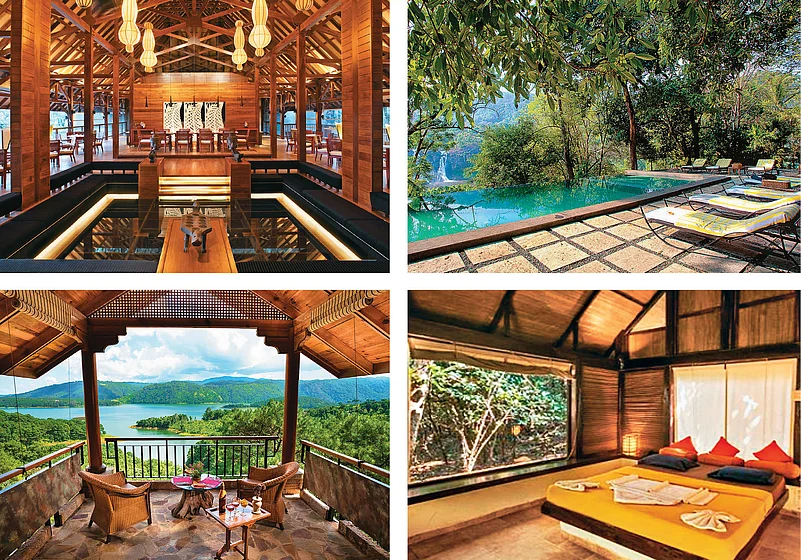 Clockwise from top left: The dance floor at Tamara, Coorg; the pool amidst lush foilage at Rainforest Resort; the cosy forest view room
at Wildernest Nature Resort, Goa; a scenic view of the Umiam Lake from Ri Kynjai, Shillong