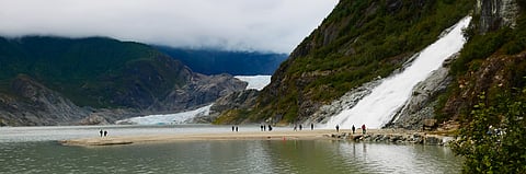 Panoramic view of Mendenhall Glacier and Nugget Falls located in Mendenhall Valley near Juneau, Alaska