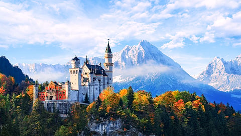 Stunning view of Neuschwanstein Castle in the Bavarian Alps, Germany.