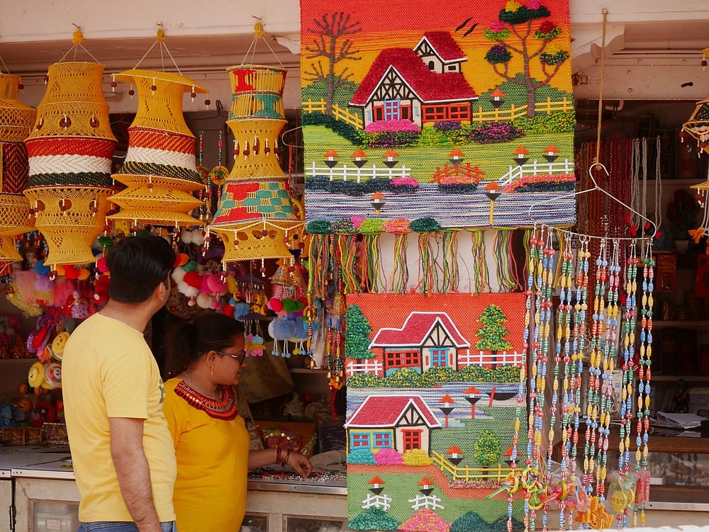 Buyers at a shop selling handicraft items in Varanasi