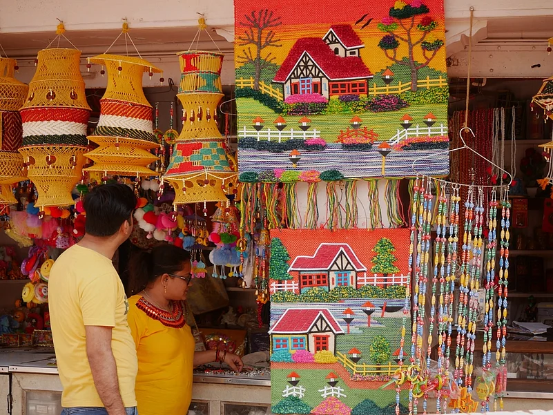 Buyers at a shop selling handicraft items in Varanasi