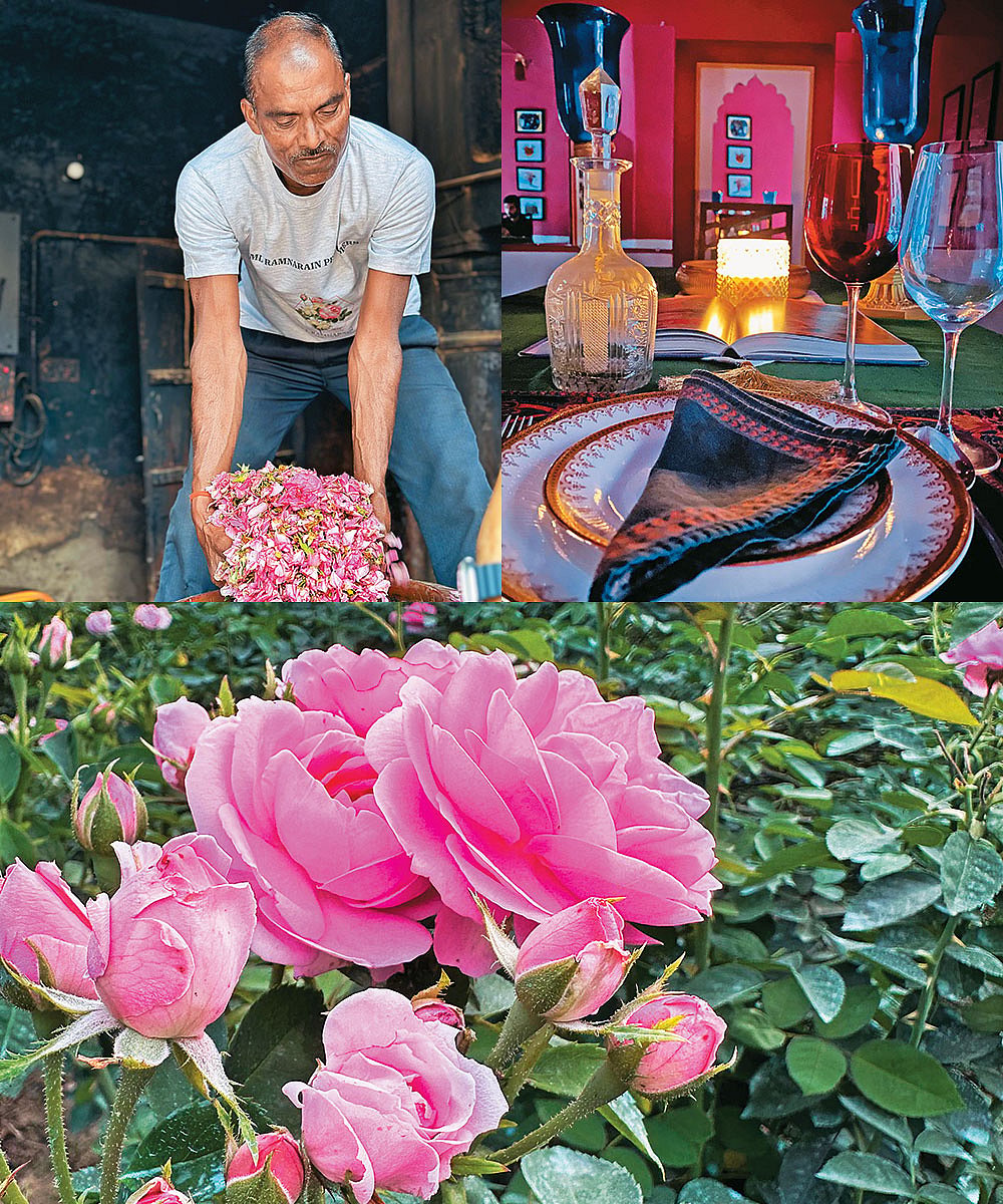 Clockwise from above left: Crushed flowers being prepared; the fragrance and flavour pairing menu at Pranav Kapoors ancestral haveli, 24 MG Road, in Kannauj; roses at a flower farm ready to be plucked to create attars