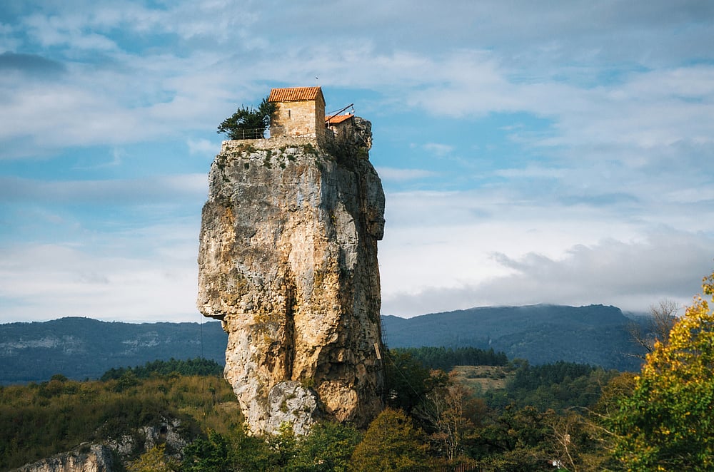 The orthodox church and the abbot cell on the stunning Katskhi Pillar