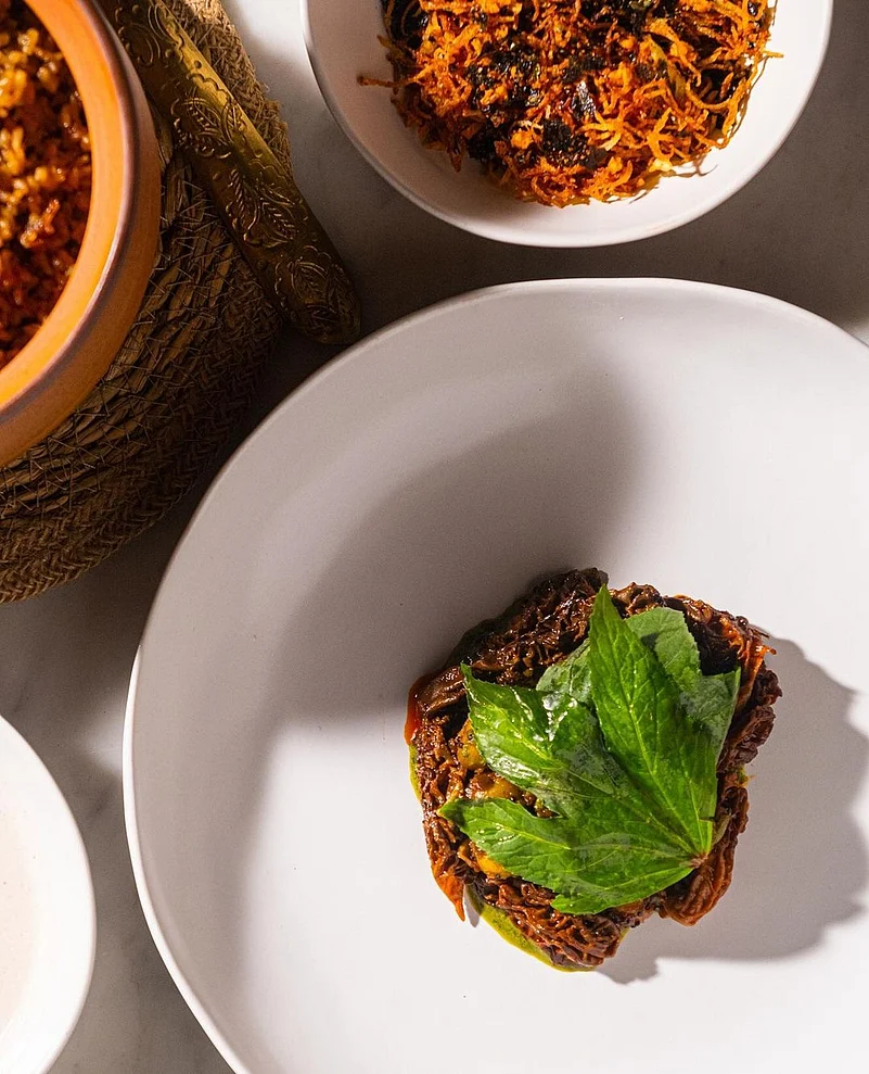 Orel mushrooms with jakhiya gutti aloo and gongura at Masque