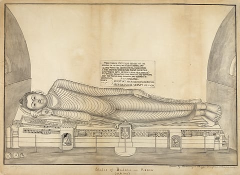 Drawing of the sculpture of the 'mahaparinirvana'