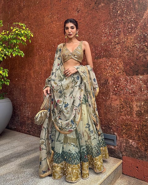 Hand-painted Kalamkari Lehenga set on hand-woven organza Chanderi Silk 