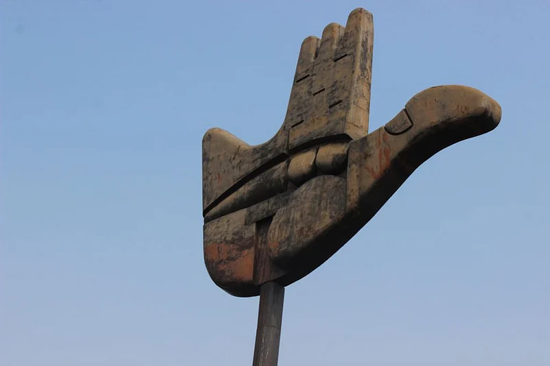 The Open Hand sculpture in the Capitol Complex, Chandigarh