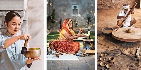 Left to right: Experience curated wellness sessions, relish authentic Rajasthani cuisine, and learn pottery from the in-house expert