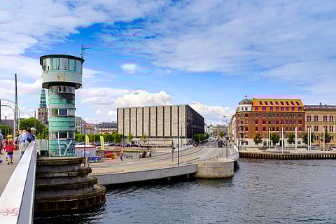 A panoramic view of the city center with the National Bank and historic stock exchange