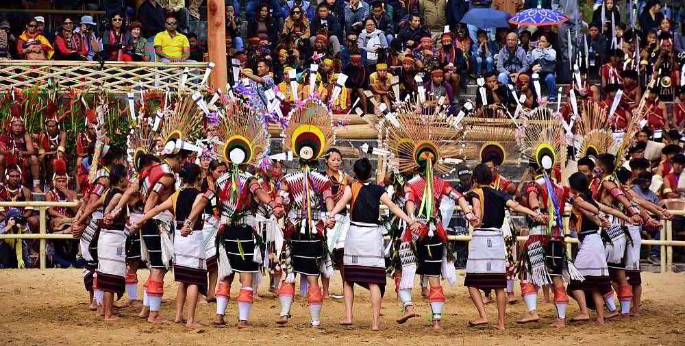 Melo Phita dance of Angami tribe at the 19th Hornbill festival in Kisama Heritage village, near Kohima, Nagaland