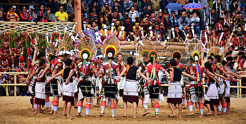 Melo Phita dance of Angami tribe at the 19th Hornbill festival in Kisama Heritage village, near Kohima, Nagaland