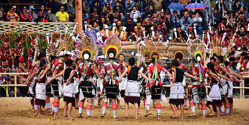 Melo Phita dance of Angami tribe at the 19th Hornbill festival in Kisama Heritage village, near Kohima, Nagaland
