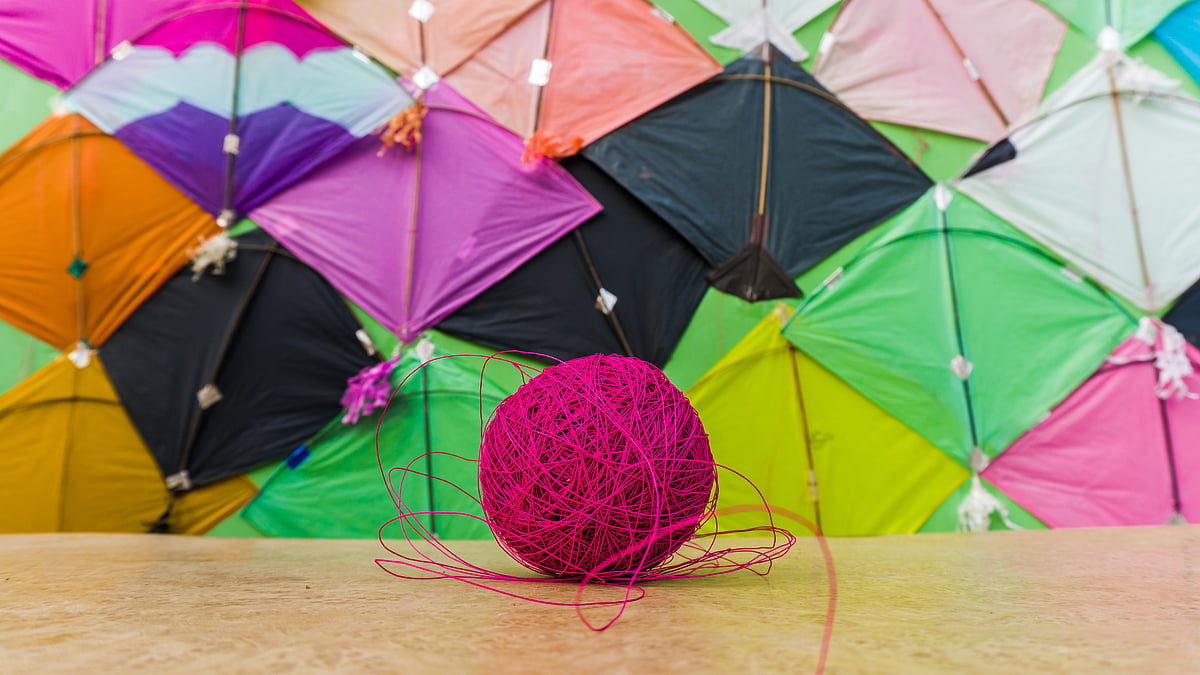 A ball of manjha (special thread/string used to fly kites)
