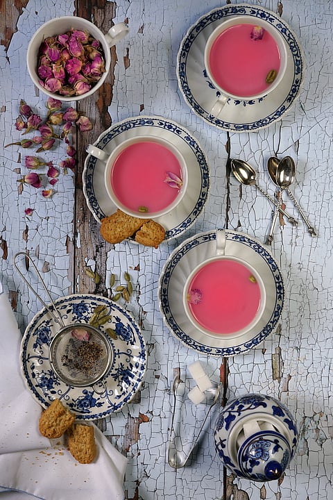 Noon chai is tinted pink because of a pinch of baking soda