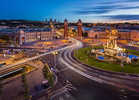 Aerial View of Plaça d'Espanya and Montjuïc hill with National Art Museum of Catalonia