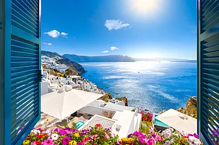 Shutterstock : View from an open window, Santorini, Greece.