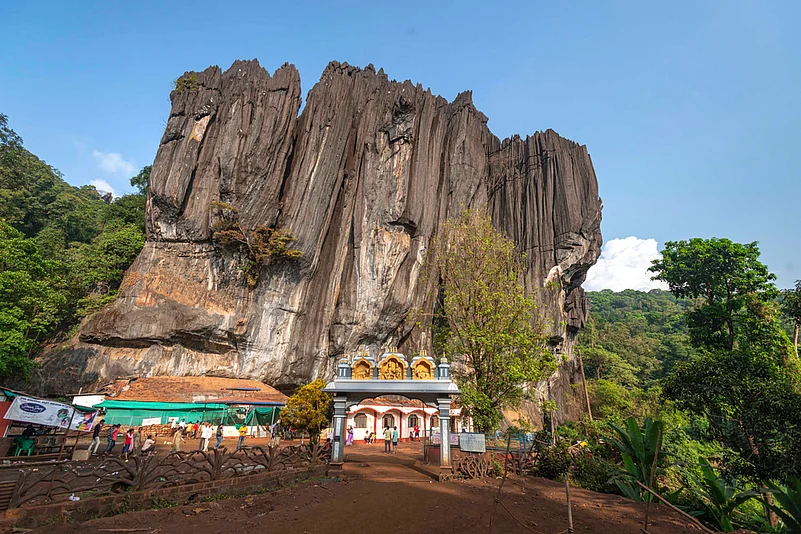 A distant view of the Yana Caves, Karnataka