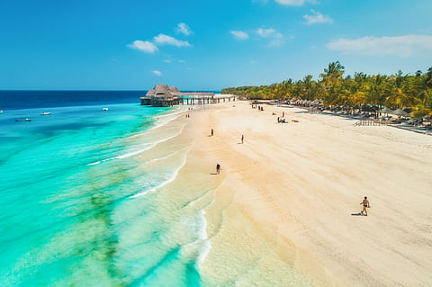 Aerial view of sandy beach in Zanzibar, Africa