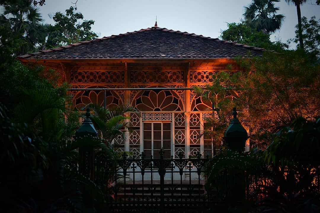 The prayer hall illuminated at twilight
