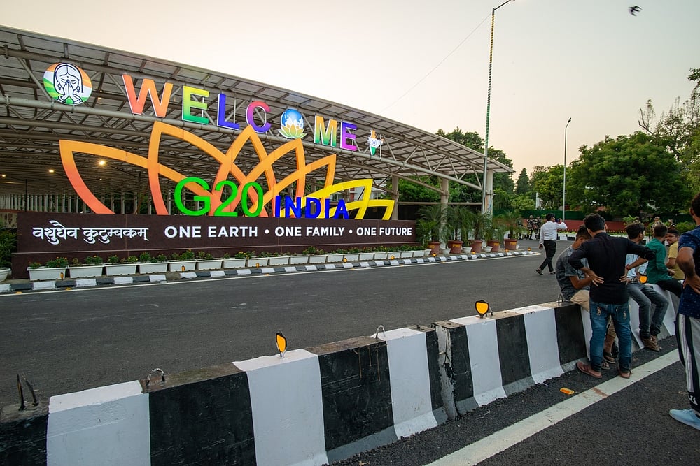
G20 logo installed on the roadside near the main venue of the upcoming G20 Summit in Delhi