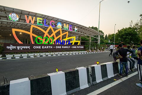 G20 logo installed on the roadside near the main venue of the upcoming G20 Summit in Delhi