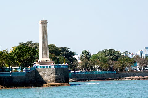An ancient lighthouse overlooking the bay in Diu as seen from Diu Fort