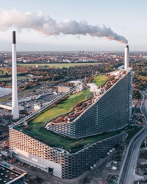 CopenHill is a waste-to-energy plant with a ski slope, hiking route, and climbing wall on top
