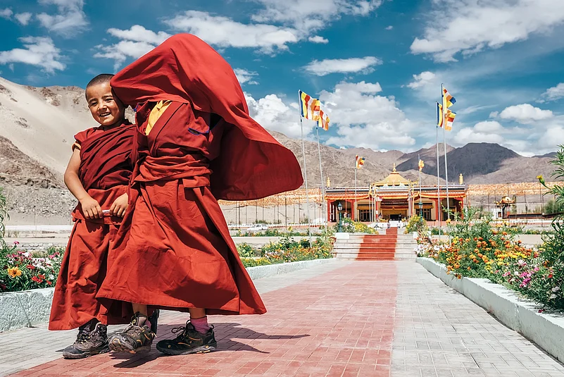 Two boy monks outside the Thiksey Monastery
