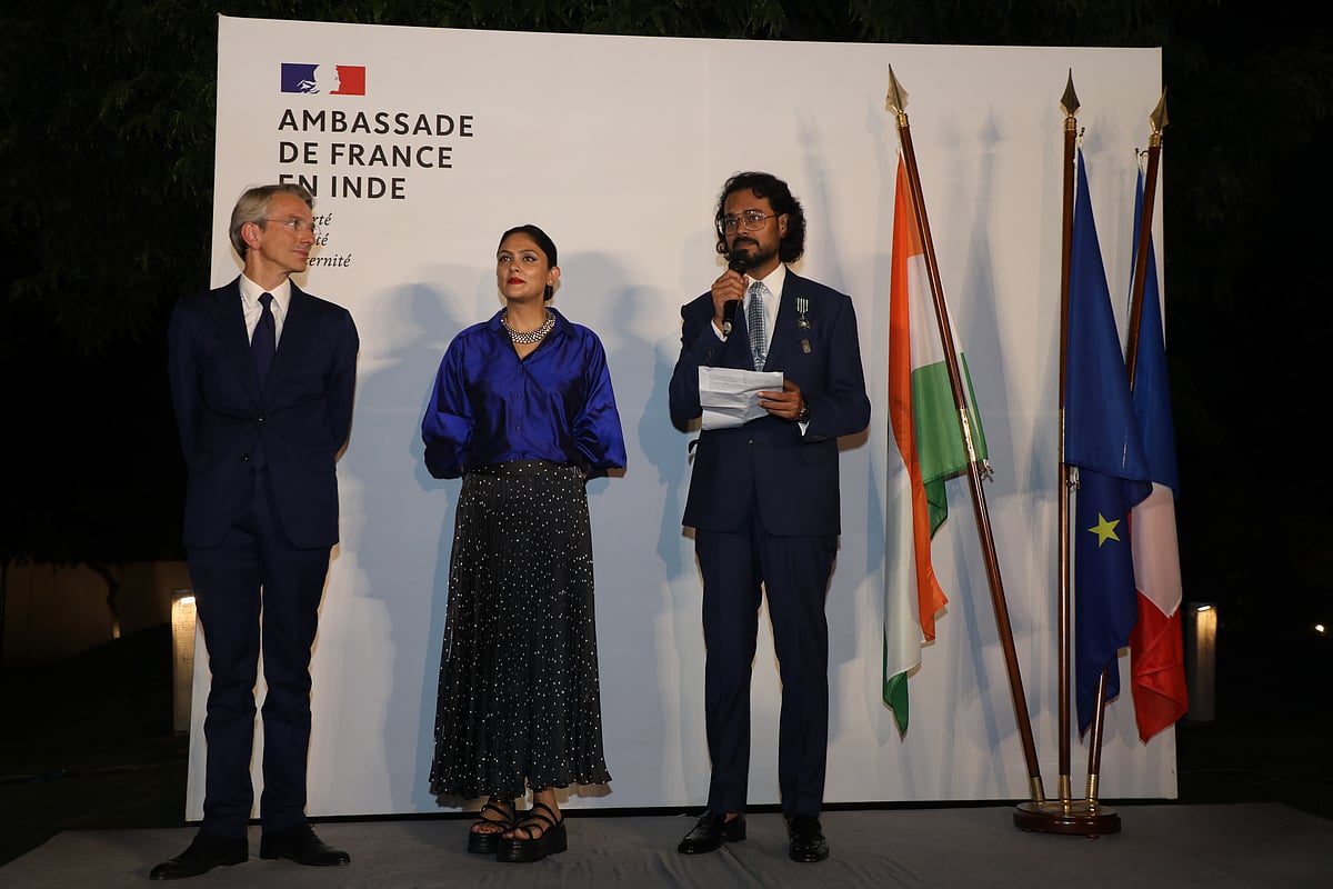 Rahul Mishra with wife Divya Mishra and the French Ambassador to India Emmanuel Lenain