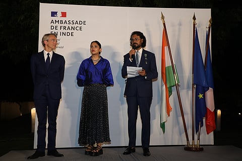 Rahul Mishra with wife Divya Mishra and the French Ambassador to India Emmanuel Lenain