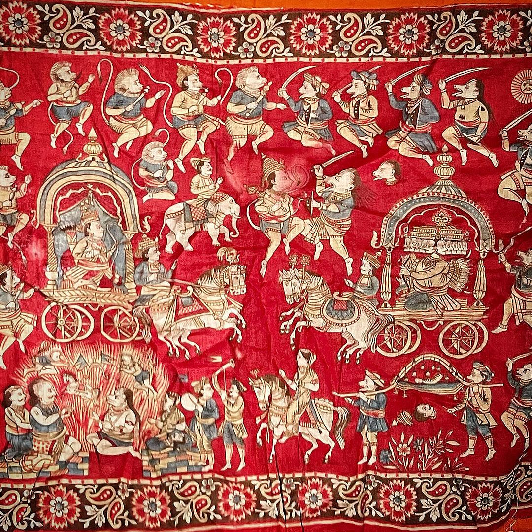 This wall hanging, to be displayed in INTACH Museum in Bhavnagar, is  intricately drawn out using natural dyes and appliqué work. It depicts the battle between Ram and Ravana. 