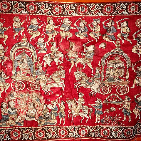 This wall hanging, to be displayed in INTACH Museum in Bhavnagar, is  intricately drawn out using natural dyes and appliqué work. It depicts the battle between Ram and Ravana. 