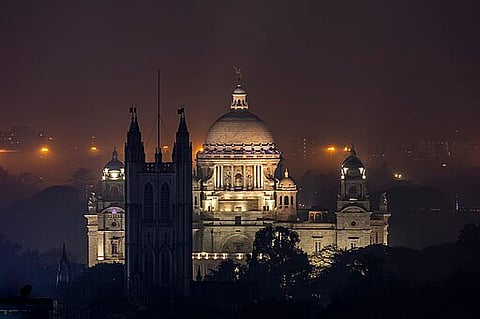 Victoria Memorial in Kolkata is lit up at night