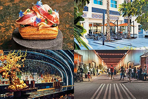 Clockwise: Umami éclair at Orfali Bros Bistro; REIF Kushayaki, a Michelin-starred, modern Japanese cuisine restaurant; evening lights at Alserkal Avenue; the starry interiors of Galaxy Bar