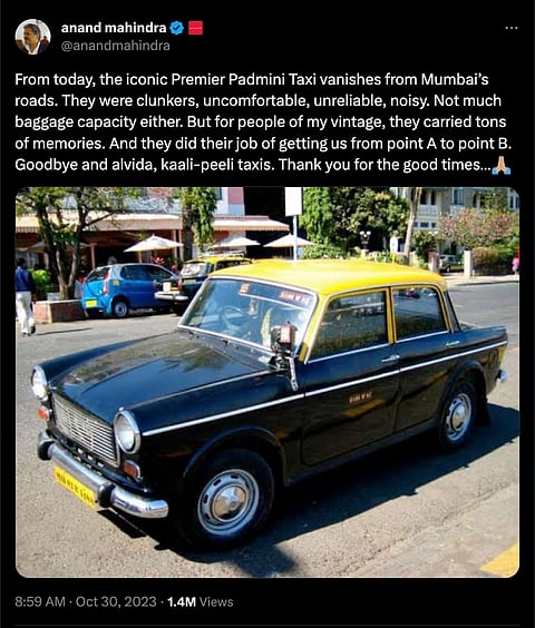 Anand Mahindra talks about the experience of travelling in the kaali-peelis on X