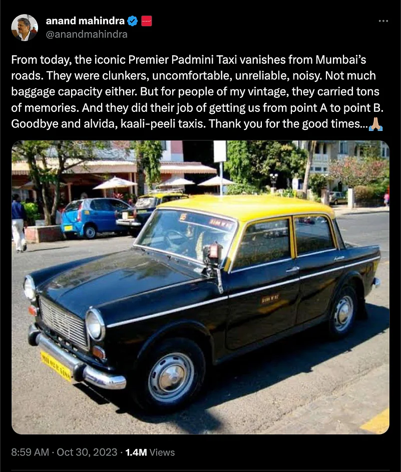 Anand Mahindra talks about the experience of travelling in the kaali-peelis on X