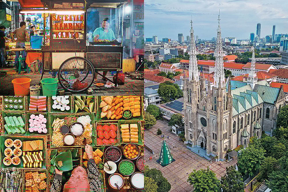 Clockwise: Hawkers at Mangga Besar night market; Jakarta Cathedral; an array of street food