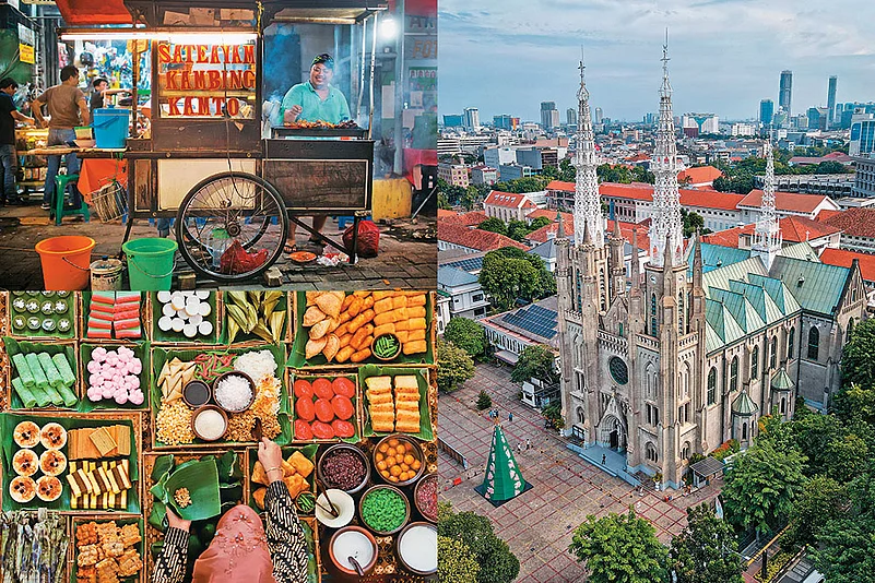 Clockwise: Hawkers at Mangga Besar night market; Jakarta Cathedral; an array of street food