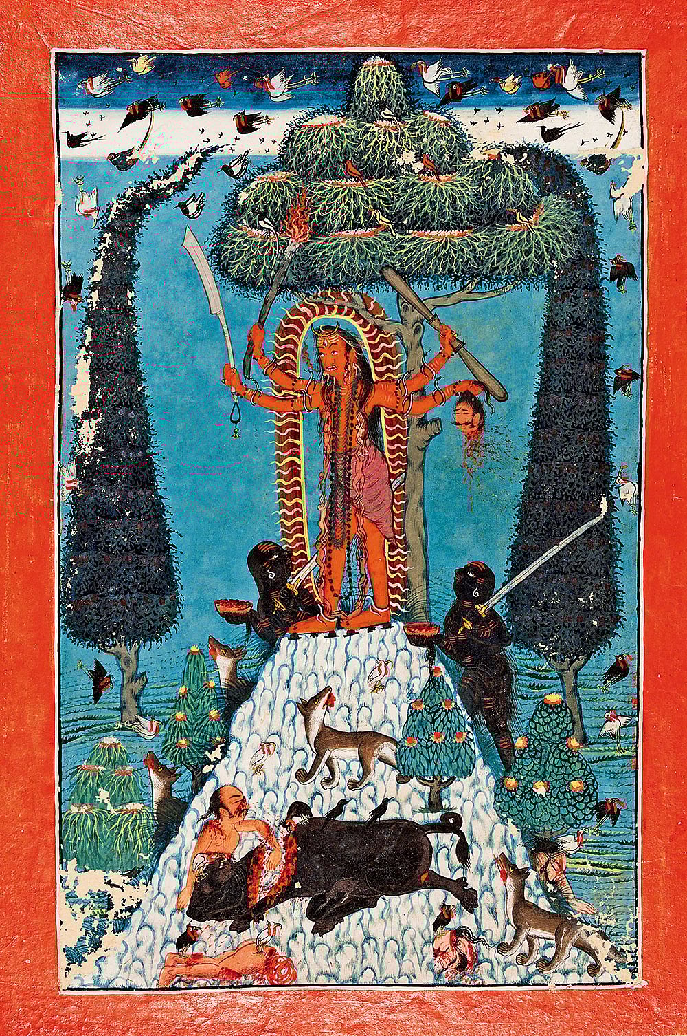 The Goddess Kali Standing upon a Mountaintop Created in 1720, this artwork belongs to the Pahari Kingdom of Mandi