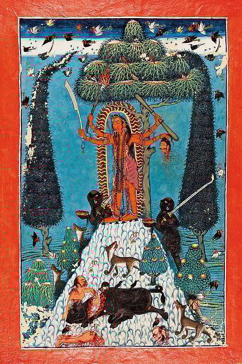 'The Goddess Kali Standing upon a Mountaintop' Created in 1720, this artwork belongs to the Pahari Kingdom of Mandi