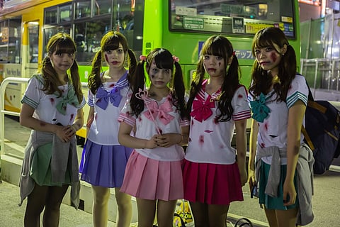 School girls dressed up as the dead in Tokyo