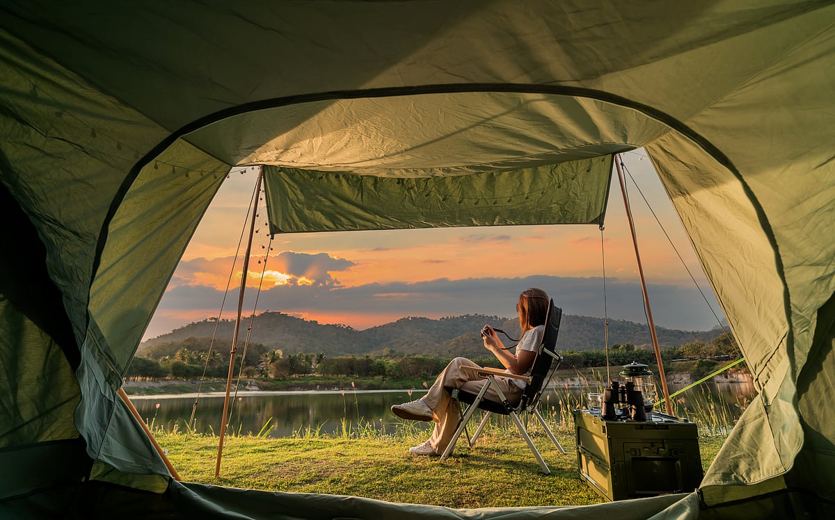A woman camping alone