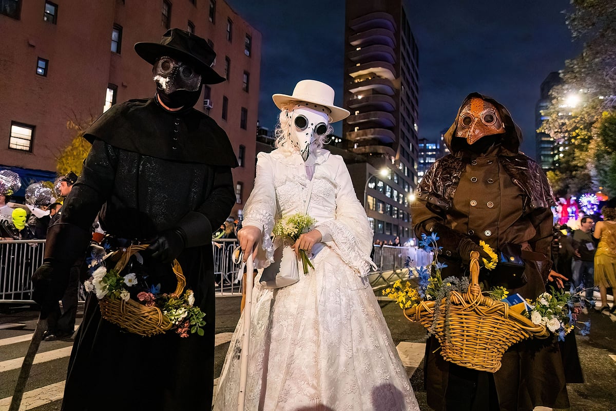 People wearing scary costumes at NYC Village Halloween parade