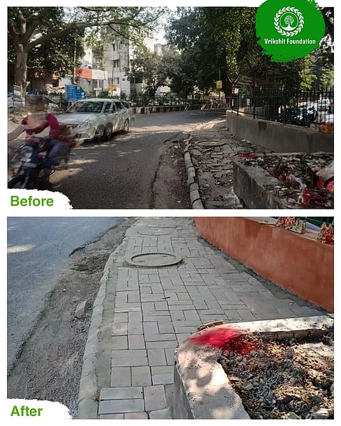 NGO volunteers cleaned a pavement to make it pedestrian-friendly
