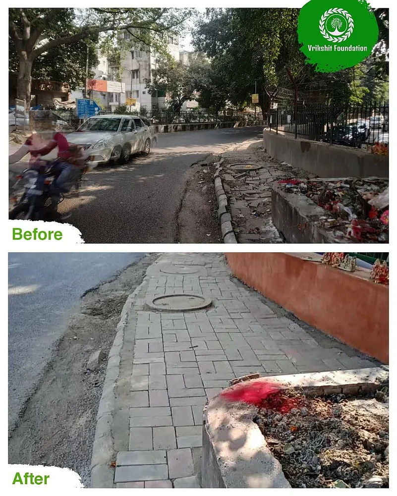NGO volunteers cleaned a pavement to make it pedestrian-friendly
