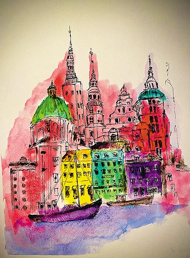 Illustration: Nitin Chaudhary : A cityscape sketch of Copenhagen