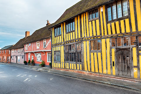 Colorful Tudor half timbered houses at Lavenham