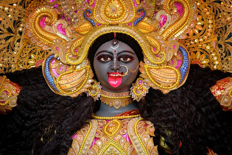 Idol of Goddess Maa Kali at a decorated puja pandal in Kolkata