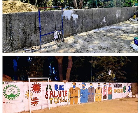 Before and after view of mural work by Vrikshit Foundation